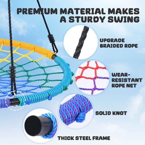 Image of Trekassy 750lbs 40 inch Spider Web Saucer Tree Swing for Kids Adults, Outdoor Net Swing with Steel Frame and 2 Hanging Straps-Rainbow (Patented)