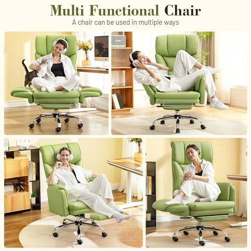 Image of Big and Tall Office Chair, 400LBS Wide Leather Gaming Chair with Footrest, High Back Executive Chair, Reversible Armrest for Pets, 135 Reclining Cross Legged Chair with Lumbar Support(Avocado Green)