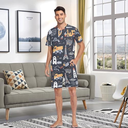 Men's Pajama Set Childish Building Equipment Trucks Short Sleeve with Shorts Pockets Sleepwear Set Summer Loungewear4