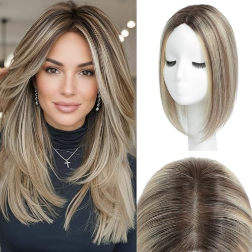 YAMI Hair Toppers for Women Real Human Hair 100% Real Human Hair Toppers for Women (Ombre Light Brown with Blond Highlight)