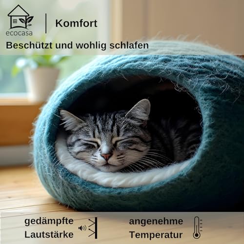 XL Katzenhöhle Katzenbett Katzenhaus – feinste Romney Wolle – kräftig gefilzt – außen robust & innen kuschelig weich – waschmaschinenfest (Petrol)