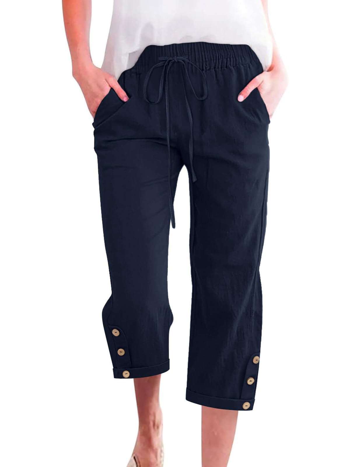 Voqeen Pantalon Femme Été Léger 3/4 Pantacourt Fluide Elastique avec Poches Coton Vêtement Chic Elegant Décontractée Pants de Plage