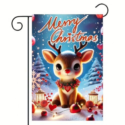 Image of BlissYard Christmas Reindeer Garden Flag 12x18 Inch Double Sided Merry Christmas Cute Red Nosed Reindeer Yard Banner Festive Ornaments Snow Scene Holiday Outdoor Lawn Porch Patio Pathway Seasonal Home Decoration