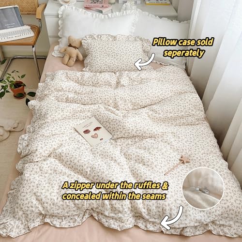 Image of BuLuTu Soft Cotton Muslin Duvet Cover Girls Kids Floral Duvet Cover Beige Crib Bedding Comforter Cover Quilt Cover, 47 inchx59 inch, Camellia Print (Pillowcases Not Included)