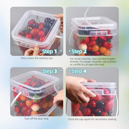 Image of ASEVAT 2 PCS 1 Gallon Clear Square Food Grade Bucket with Graduated Markings & Lid, Heavy-Duty Plastic Pail with Comfort Grip Handle for Food Storage & Cleaning