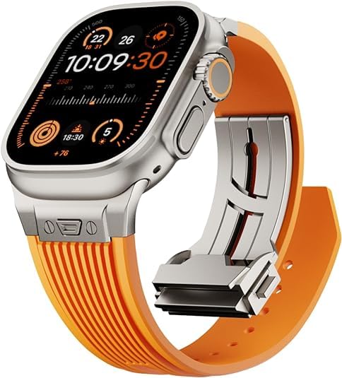 MOROFY Luxury Rugged Silicone Rubber Strap for Apple Watch Ultra 2 Band 49mm|45mm|44mm|42mm with Metal Connector & Folding Clasp for iWatch Ultra Series 9 8 7 6 5 4 3 2 1 SE – Orange