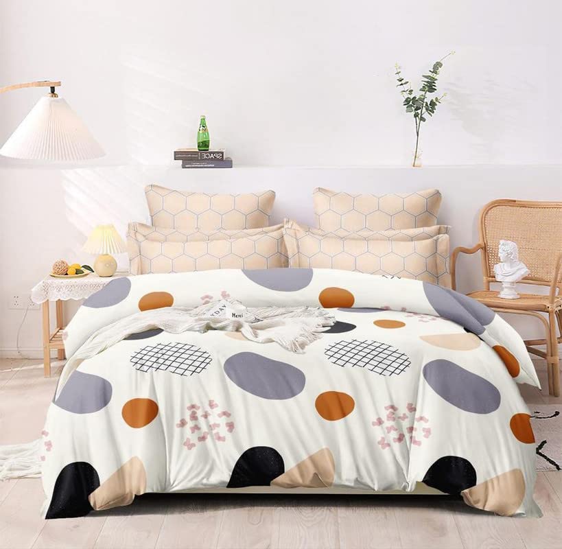 NEW LEAF Printed Super Soft Light Weight 4 Pcs Bedding Set 1 Double Bedsheet 2 Pillow Covers Along with Comforter- Light Weight Comforetr/Ac Blanket/Quilt - King, 220 GSM | White Grey Cricle