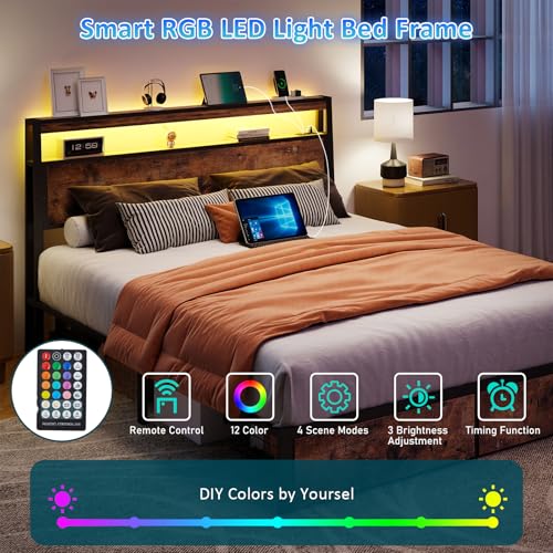 Image of Full Size Bed Frame with 2 Storage Drawers, Full Bed Frame, Vintage Brown | LED Light, Charging Station, Wood Headboard, Metal Platform, No Box Spring Needed, Noise Free, Easy Assembly