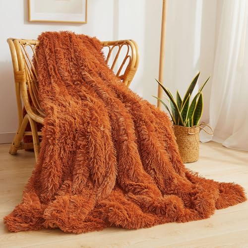 XeGe Luxury Faux Fur Throw Blanket, Burnt Orange Soft 50x60 Fluffy Throw, Fall Decor Shaggy Plush Decorative Couch Blanket, Cute Furry Fuzzy Blanket for Sofa Bed Couch, Burnt Orange