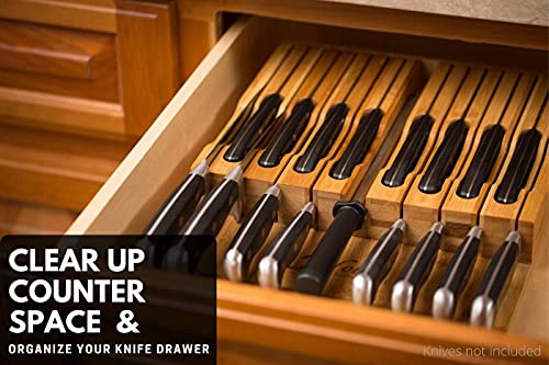 In-Drawer Bamboo Knife Block Holds 16 Knives (Not Included) Without Pointing Up Plus A Slot For Your Knife Sharpener! Noble Home & Chef Knife Organizer Made From Quality Moso Bamboo #TOP5
