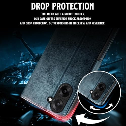 Image of WOW IMAGINE Shock Proof Flip Cover Back Case for 1+ OnePlus Nord CE 5 5G (Magnetic Button Flip Case | Wallet Pockets & Stand | Leather Finish | Oxford Blue)