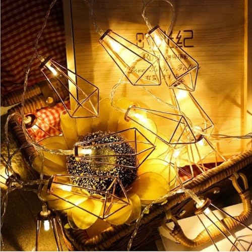 Image of MoonlitDreams 10ft 20 LED Rose Gold Geometric Diamond Fairy String Lights, Metal Water Drop Cage Copper Wire Lights, Battery Operated for Home Decor, Wedding, Christmas & Garden (Pack of 1)