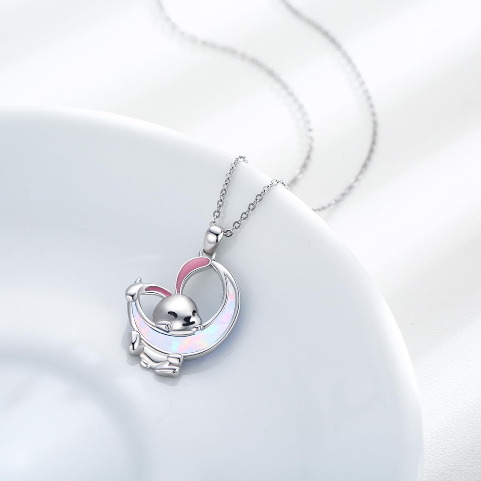 Hase Kette 925 Sterling Silber Opal Hase Tier Anhänger Kaninchen Halskette Opal Mond Kette Hasen Schmuck Ostergeschenk für Frauen Damen Kinder Mädchen