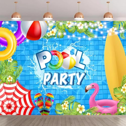 Un Vibrante Fondo de Fiesta en la Piscina con Salpicaduras de Verano, con Coloridas Pelotas de Playa decoración de cumpleaños. 300x200cm