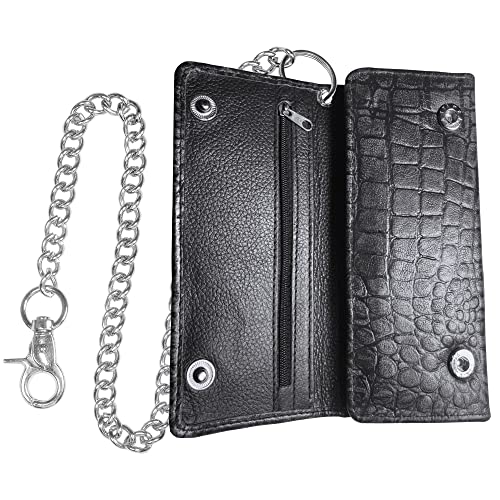 Image of Jackets 4 Bikes HERITAGE Men's Motorcycle Chain Wallet - Premium Cowhide Leather RFID Tri-Fold Biker Wallet with Heavy Duty Chain, Long Credit Card & Cash Organizer for Truckers Hunters Croc Black