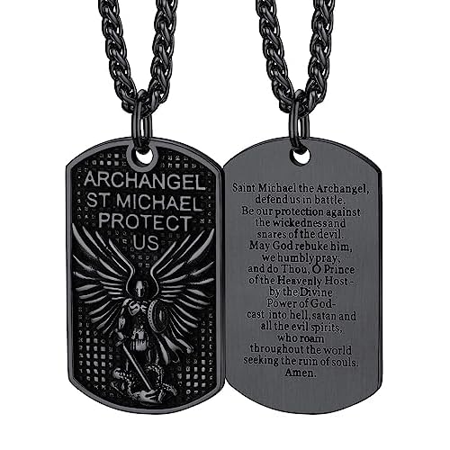 FaithHeart Saint Michael Necklace, Stainless Steel/18K Gold Plated St Michael the Archangel Pendant Amulet for Men Women with Gift Packaging 06. Dog Tag-Black Stainless Steel