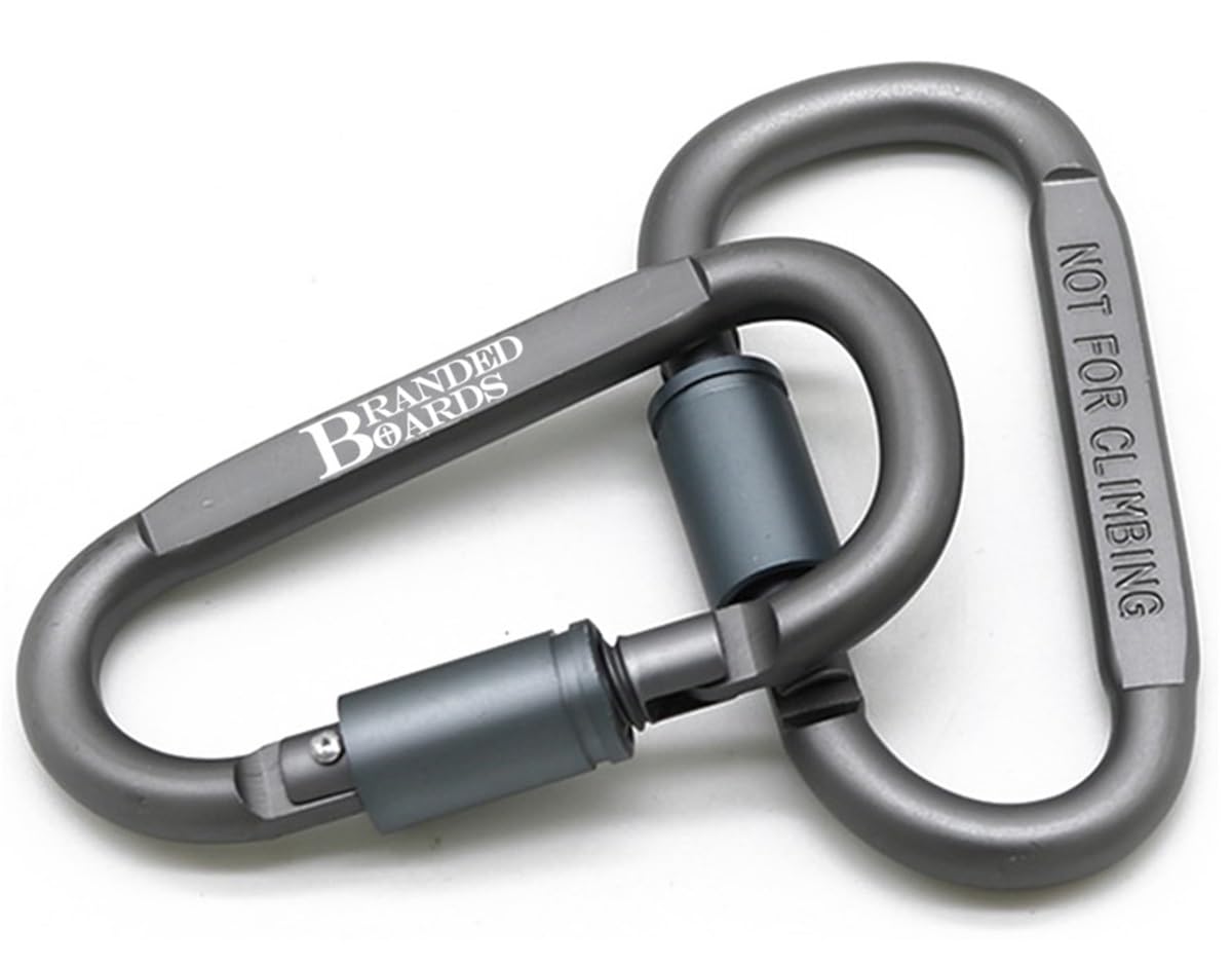 Branded Boards 3 inch Aluminum Locking Carabiner | D-Ring Heavy Duty Buckle | Small Clip, Key Ring, Backpack Clip, Spring Link Hooks | Black or Grey