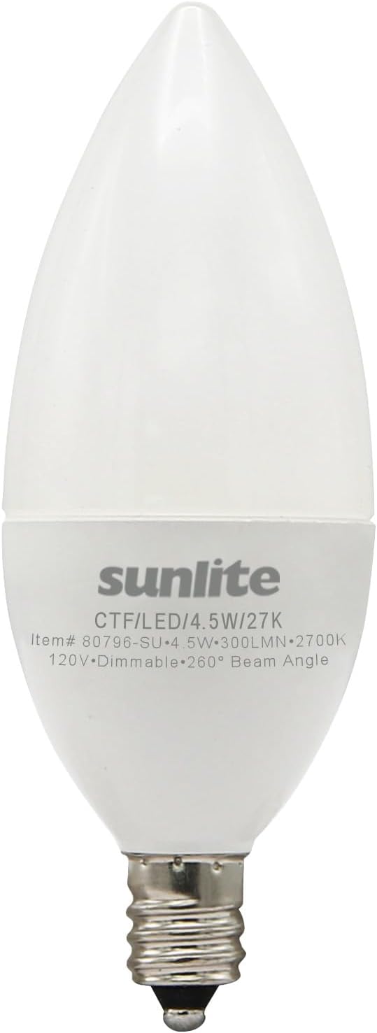 Sunlite LED CA11 Clear Chandelier CFC Light Bulb, 4.5 Watts (40W=), 300 Lumens, 120 Volts, Dimmable, Candelabra E12 Base, 90 CRI, ETL Listed, Flame Tip, 2700K Warm White, 1 Pack