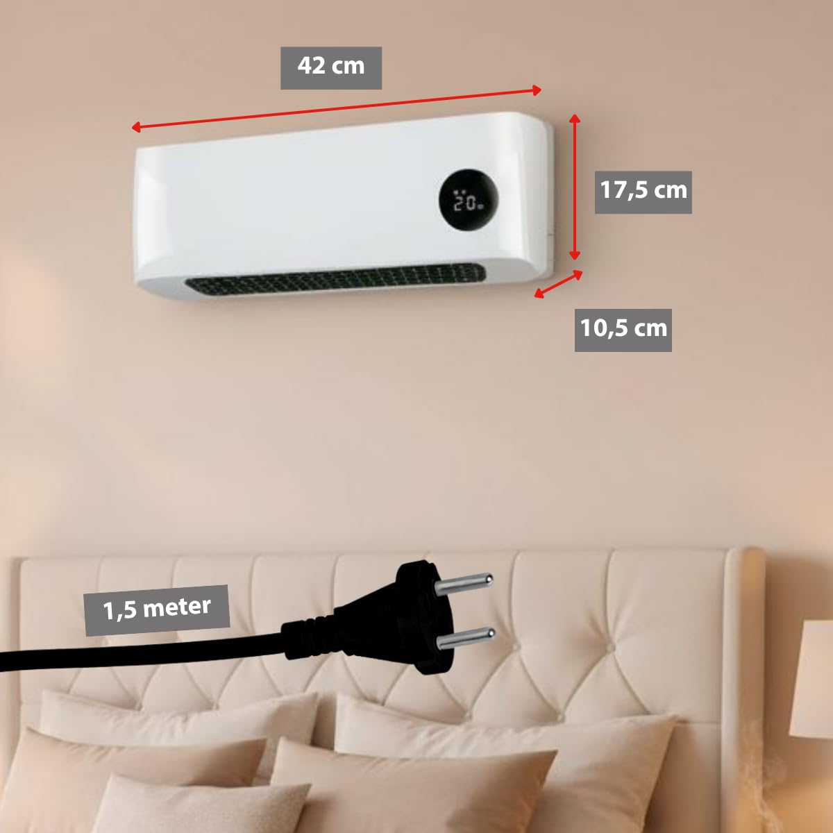 alpina Termoventilatore da parete 2000 W, in ceramica, con 2 livelli di potenza e timer, termostato digitale