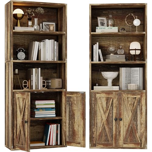 IRONCK Industrial Bookshelves and Bookcases with Doors 11.8 in Depth Set of 2 Floor Standing 5 Shelf Display Storage Shelves Bookcase Home Decor Furniture for Home, Office, Living Room, Bedroom