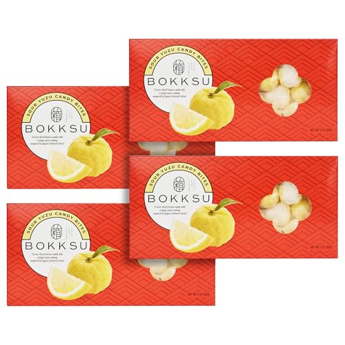 Bokksu Sour Yuzu Candy Bites - 4-Pack Freeze-Dried Sour Candy Dusted with Real Yuzu Powder, Crunchy, Melt in Your Mouth, Bite-Sized, Japanese-Inspired Freeze Dried Fruit Snacks