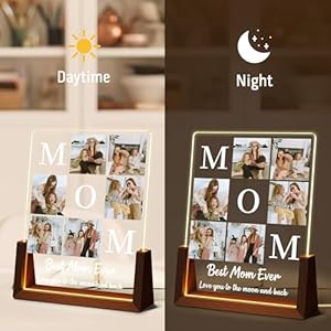 Personalized mothers day gifts for mom custom acrylic plaque printed with photos text custom walnut picture frame with led night light birthday gifts for mom wife from daughter son husband  urban country home decor