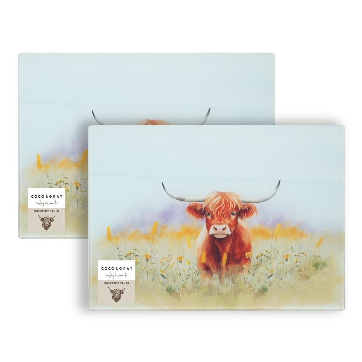 Yöl Pack Of 2 Highland Cow Themed Work Top Saver - Kitchen Food Preparation Chopping Board Vegetables Meat - Durable Smooth Tempered Glass Scratch Resistant Non-Slip