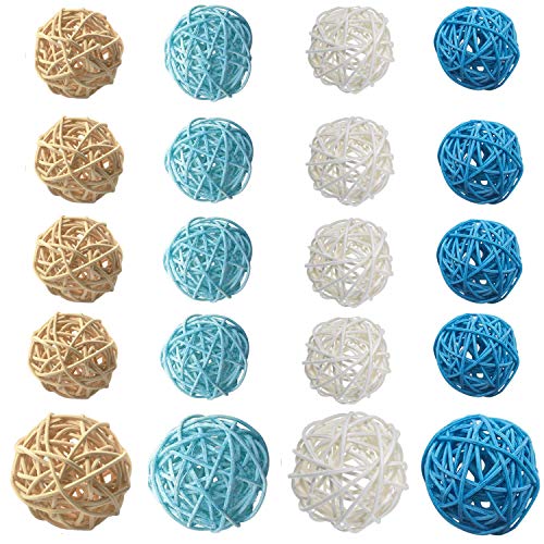 Bolas de Mimbre ratán, 20pcs Rellenos de jarrón con orbes Decorativos para decoración del hogar, artesanía, Fiesta, Accesorios de aromaterapia, 80 mm, 50 mm (Azul, Azul Claro, Blanco, Color Natural)