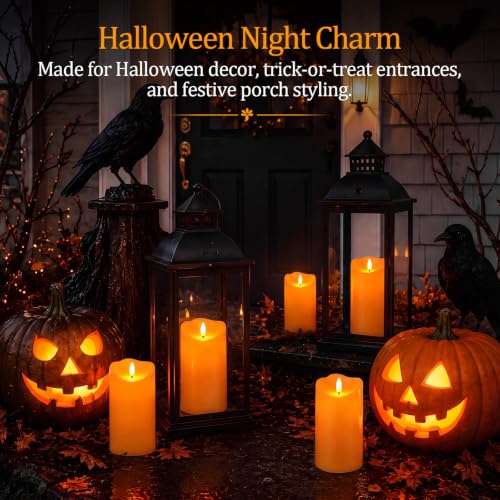 Image of Homemory Halloween Orange Waterproof LED Candles, Remote Timer, Set of 2 | Flameless candles, D3 x H6 in, plastic shell, indoor outdoor fall decor, porch, patio, pathway, lantern and pumpkin displays