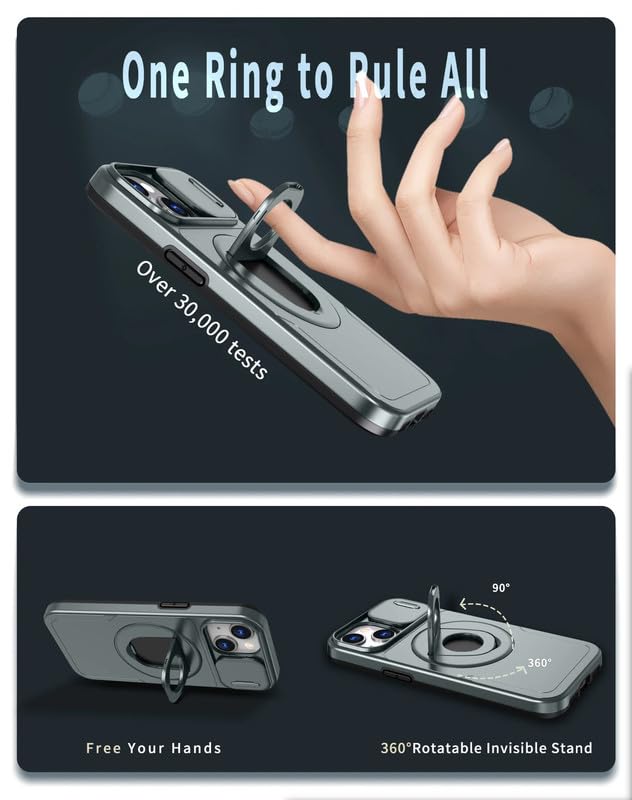 Image of LuxuryKase MagSafe Shockproof Rugged Back Case for iPhone 15 | Finger Ring Kickstand & Sliding Camera Cover | Military Drop Protection | Wireless Charging Support - Grey