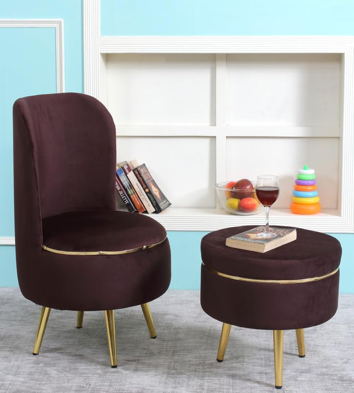 Image of Ottoman for Living Room, Velvet Round Foot Rest Stool, Metal Legs Chair for Sitting, Puffy for Bedroom & Makeup Room Decor | Chair (18 inchx18 inchx32 inch), Puffy (16 inchx16 inchx17 inch) | (Combo-Coffee)