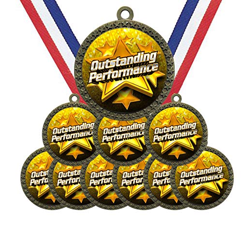Large 2-1/2 inch Diameter Metal Antique Gold Outstanding Performer Performance Medals Star Award Trophy Champion Winner with Red White and Blue Neck Ribbons (Pack of 10)
