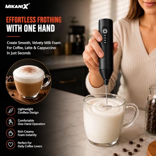 Image of MIKANIX Electric Milk Frother Handheld | Rechargeable Drink Mixer and Coffee Foamer Wand with 3 Speed Modes, Wireless Hand Held Milk Bubble Machine Whisks for Matcha, Latte, Hot Chocolate (Black)