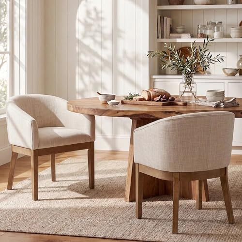 Image of HNY Barrel Dining Chairs Set of 2, Mid Century Modern Upholstered Dining Chairs with Arms, Linen Kitchen & Dining Room Chairs, Solid Wood Frame Accent Chairs for Kitchen, Apartment, Beige