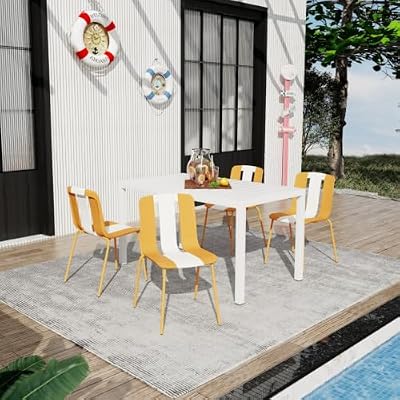 Hassyee Modern Striped Color Dining Chairs and Dining Table Set with PP Seat & Sturdy Metal Legs for Poolside, Outdoor Furniture Set with All-Weather Durability for Lawn (Orange Chairs+Long Table)