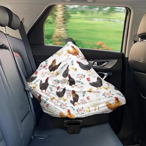 Image of Binienty Babies Car Seat Cover - Rooster Floral Car Seat Covers for Baby Girls Boys Stretchy Multi-Use Breastfeeding Scarf for Moms, Newborn Essentials Baby Shower Gifts
