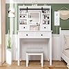 Farmhouse makeup vanity desk with sliding mirror vanity set with stool charging station 3 brightness lights ample storage dressing table for women girls bedroom white  urban country home decor