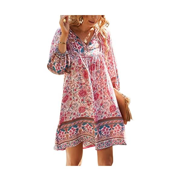 TEMOFON-Womens-Boho-Dress-Summer-Mini-Floral-34-Long-Sleeve-V-Neck-Flowy-Loose-Casual-Beach-Dresses
