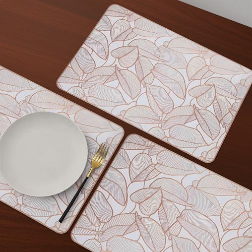 Image of Yellow Weaves 4 Pcs PVC Table Placemats, Dining Table Mat, Stain Resistant, Anti-Skid, Waterproof, Washable, Dining, Kitchen, Restaurant Table Set Easy to Clean, Durable (Leaf Rose Gold)