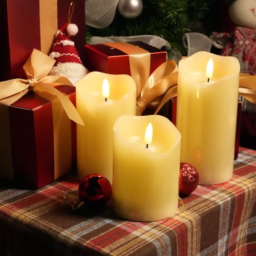 Image of 3Pcs Real Wax 3D Flickering Flameless LED Candles for Home Wedding Decor. | Real wax LED candles 4 inch /5 inch /6 inch, battery‑powered. Features 3D flicker, remote & timer, safe for table & indoor decor.