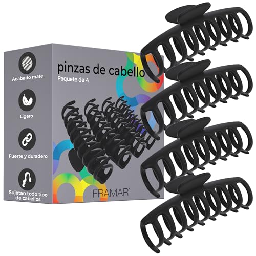 Framar Pinzas Pelo Mujer Grandes – Pinza Pelo Mujer, Pinzas Para el Pelo, Extragrandes, Antideslizantes, Hair Clips, Negro - Paquete de 4