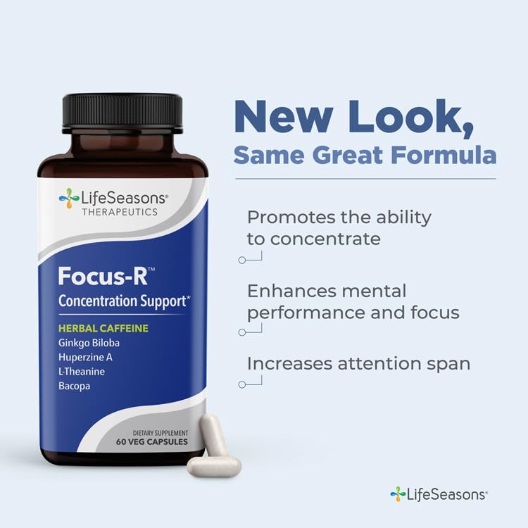 LifeSeasons - Focus-R - Concentration Support Supplement - All Ages - Enhances Mental Performance & Focus - Increases Attention Span - L-Theanine, Kava Kava, Bacopa, Vitamin B & More - (60 Capsules)