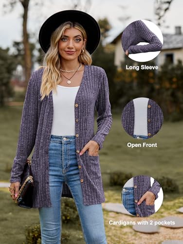 Famulily Damen Open Front Lange Strickjacken mit Taschen für Frauen Cosy Lose Open Front Pullover Mantel (L, Lila)