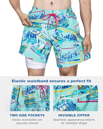 Image of SURF CUZ Mens Swim Trunks with Compression Liner Swim Shorts 7 inch Swimming Trunks Stretch 7 Inch Swim Suits Quick Dry