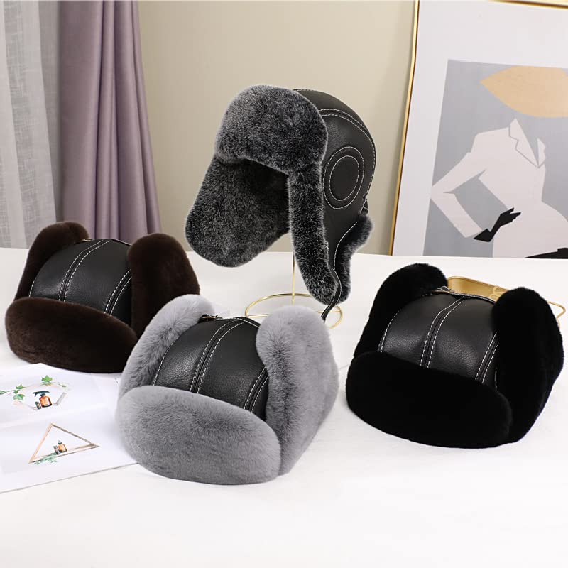 Gorro de Invierno Térmico Llegada de los hombres Sombreros de bombardero Invierno Hombre ruso Cálido Sombrero de cuero de piel de oveja real Hombre Gorras de piel real Sombrero de Aviador para Esquiar