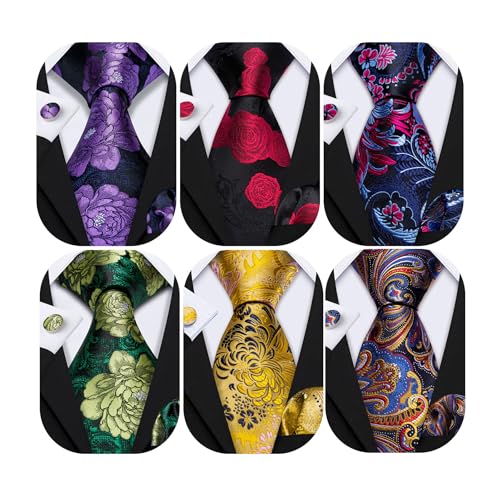 Image of Barry.Wang 6 PCS Men Ties Set Silk Business Fashion Woven Necktie Handkerchief Cufflinks Paisley Stripe Wedding Party