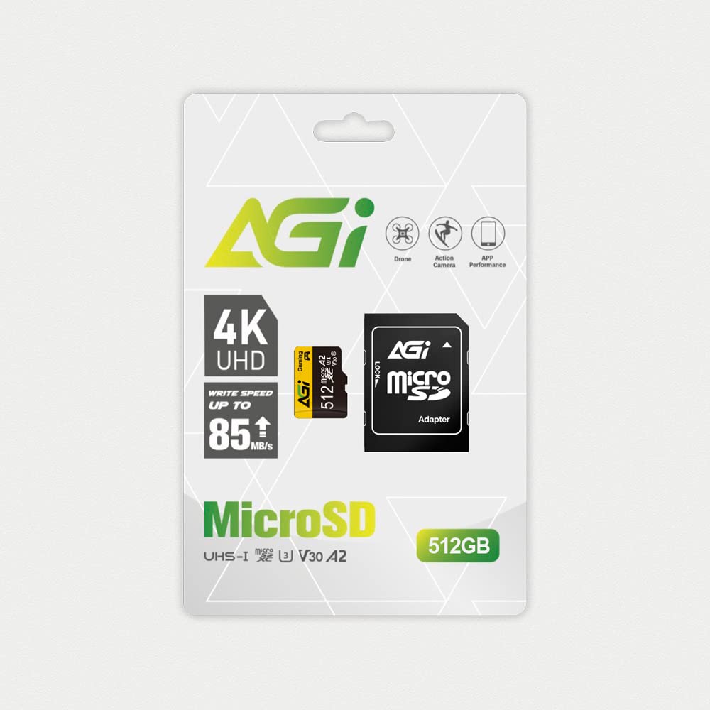 AGI TF138 512GB Tarjeta de Memoria microSDXC 100MBs UHS-I U3 V30 A2 | Almacenamiento y expansion para smartphones, tablets, camaras, dashcam, drone y consolas portatiles de juegos