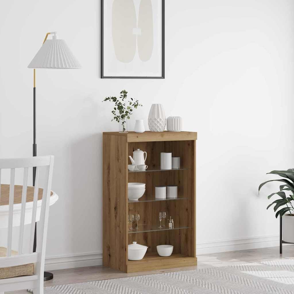 Aparador LED para salón moderno en madera de roble Artisan y cristal