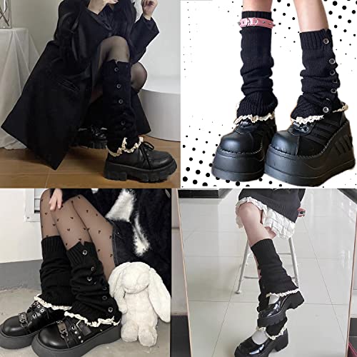 Bifpast Leg Warmers Harajuku With Lace Button Knit Harajuku Japanese Style Kawaii Lolita Gothic Flared And Loose Fit Knit Long Leg Warmers Loose High Socks (Black) #TOP6