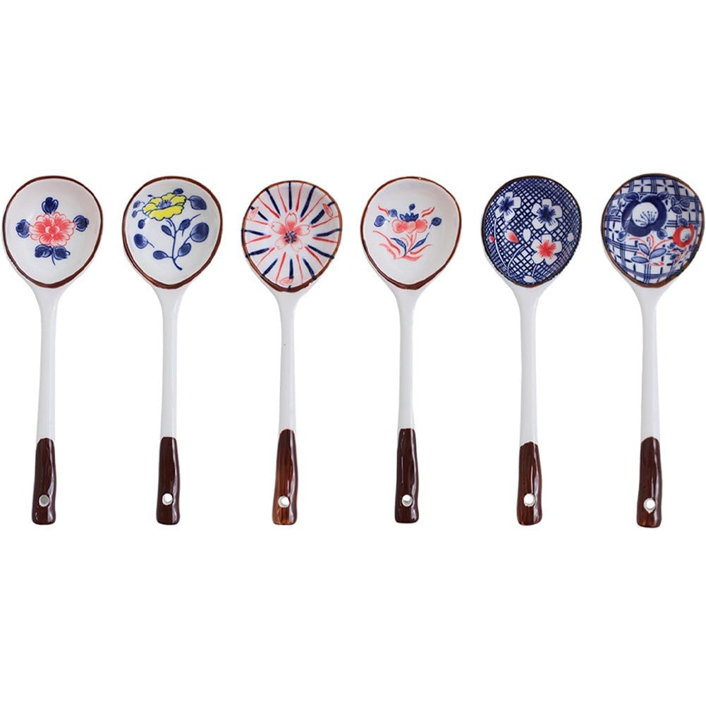 Luxylei 6pcs Japanese Ceramic Spoons Soup Spoons Hand-painted Dessert Spoons for Serving Ramen Miso Soup Pho and Dessert